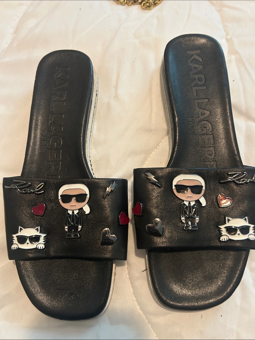 Karl Lagerfeld Kids Black Slide Sandals with Character Pins